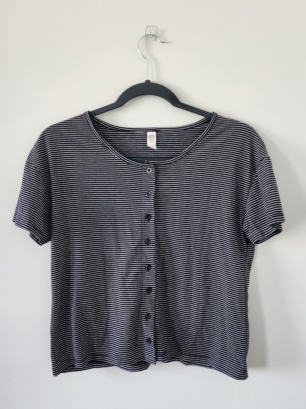 Chelsea Peers Navy White Stripe Short Sleeve Button Front Crop Cardigan Small